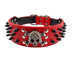 NIB SKULL & SPIKED Leather Dog Collar in Red